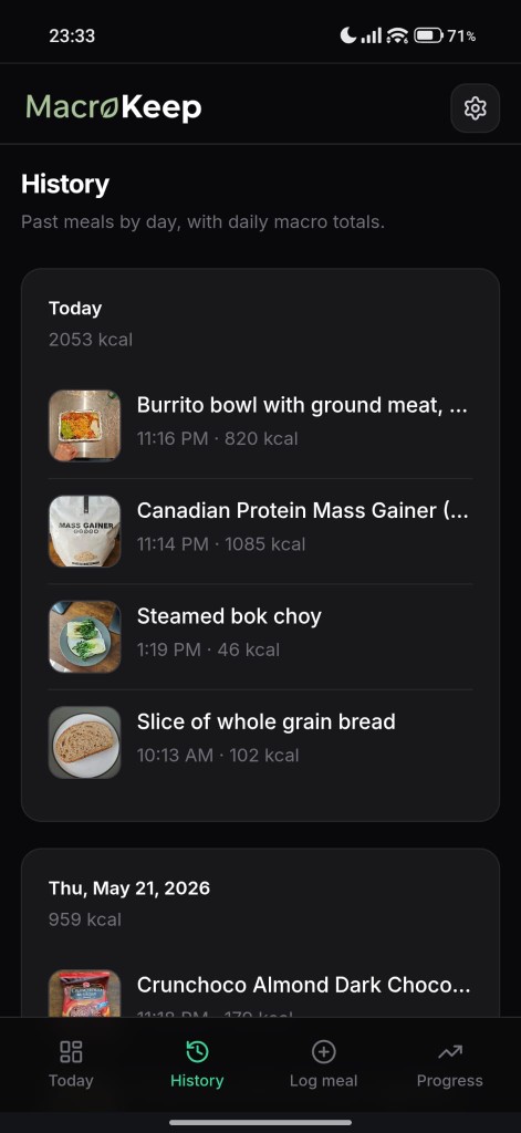 History grouped by day with meal thumbnails