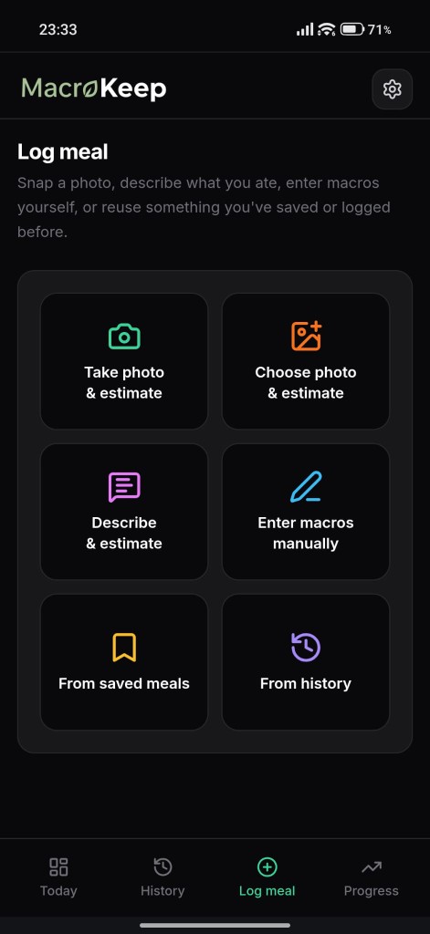 Log meal with photo, describe, and manual options