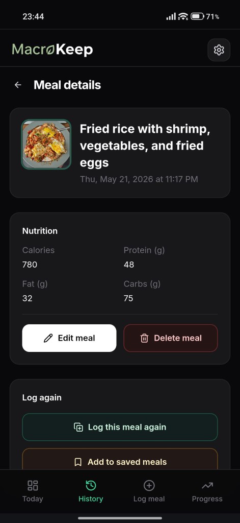 Meal details with photo and macro breakdown