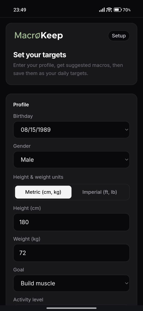 Tutorial — set your targets with profile and macro suggestions